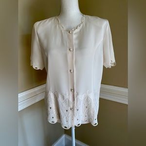 Vintage Ivory Blouse, Ship n' Shore, Size 8, 1960's, Embroidered, Button Up, EUC